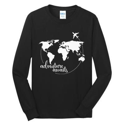 Adventure Awaits World Map for Travel Vacations Tall Long Sleeve T-Shirt