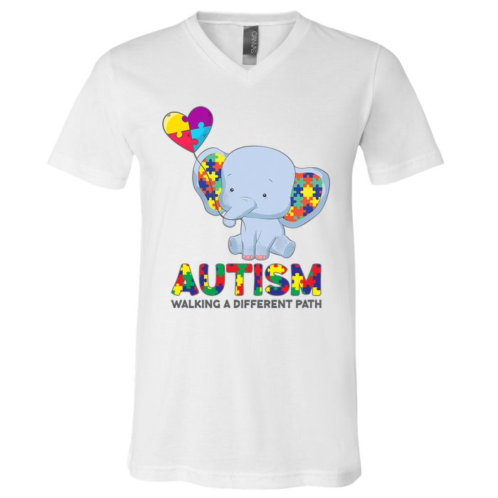 Autism Awareness Walking A Different Path Elephant V-Neck T-Shirt