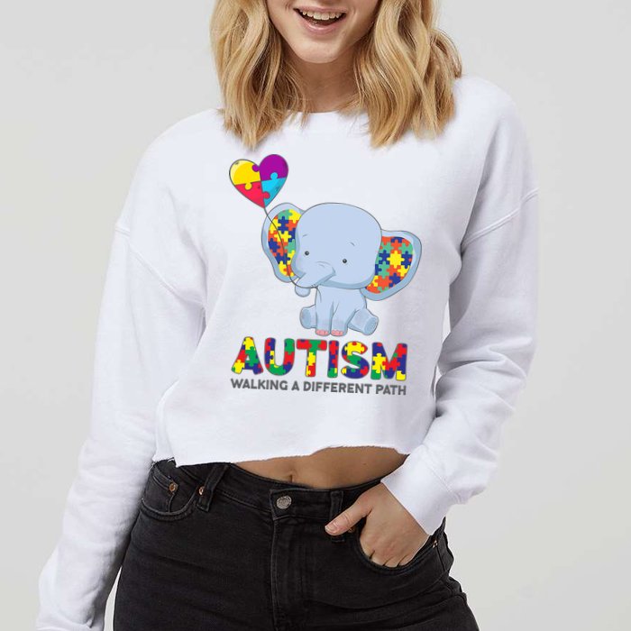Autism Awareness Walking A Different Path Elephant Cropped Pullover Crew