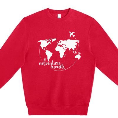 Adventure Awaits World Map For Travel Vacations Premium Crewneck Sweatshirt