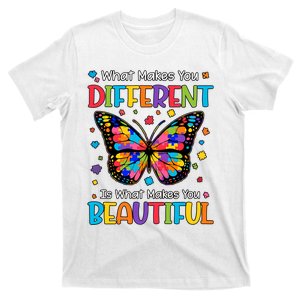 Autism Awareness What Makes You Different Is What Makes You Beautiful Butterfly T-Shirt