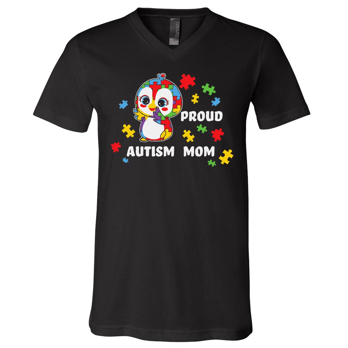 Autism Awareness Women - Proud Autism Mom Penguin Puzzle V-Neck T-Shirt