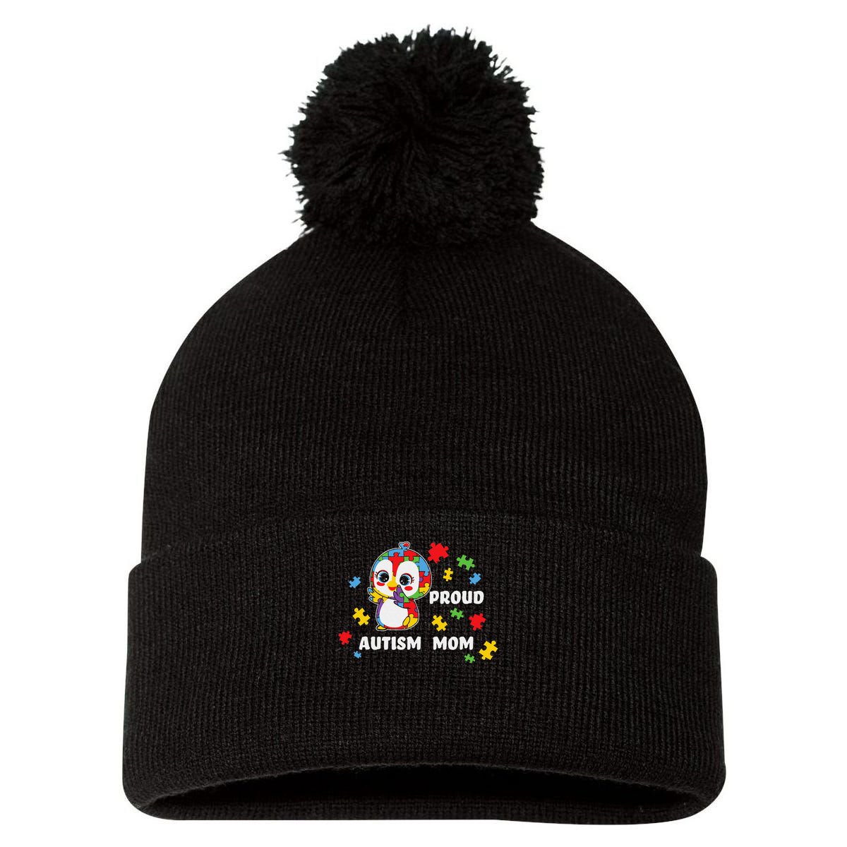 Autism Awareness Women - Proud Autism Mom Penguin Puzzle Pom Pom 12in Knit Beanie