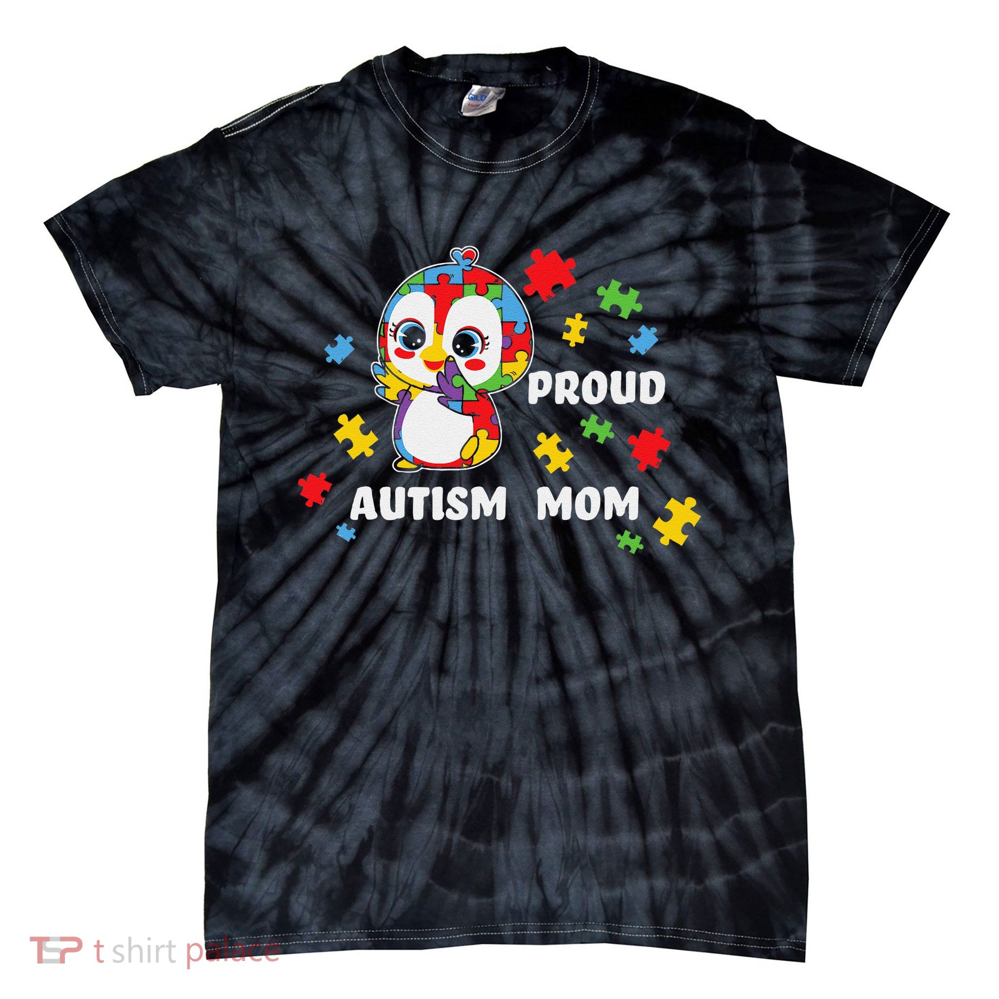 Autism Awareness Women - Proud Autism Mom Penguin Puzzle Tie-Dye T-Shirt