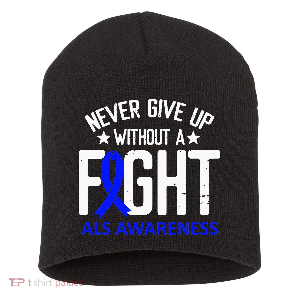 ALS Awareness Without a Fight Disease Blue Ribbon Survivor Short Acrylic Beanie