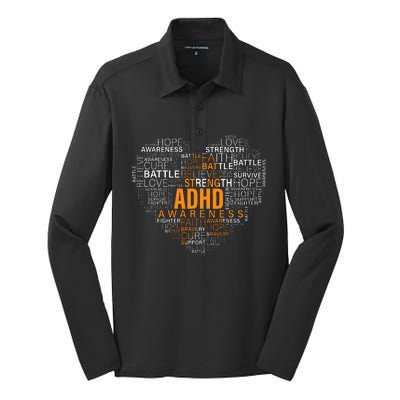 ADHD awareness words cloud heart support proud ADHD warrior Silk Touch Performance Long Sleeve Polo