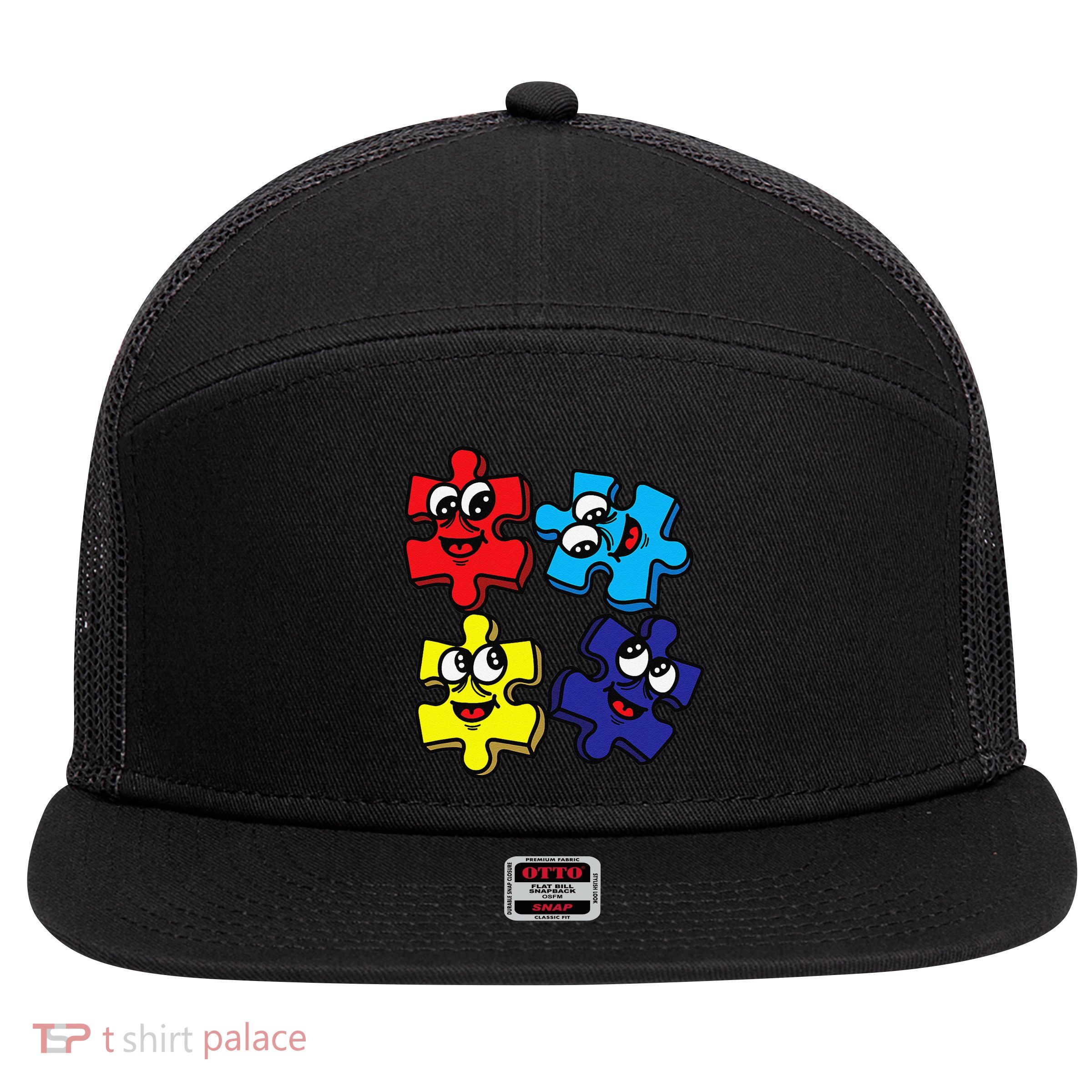 Autism Awareness With Smiling Puzzles 7 Panel Mesh Trucker Snapback Hat