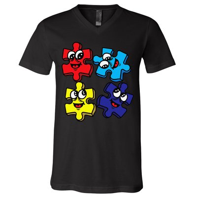 Autism Awareness With Smiling Puzzles V-Neck T-Shirt