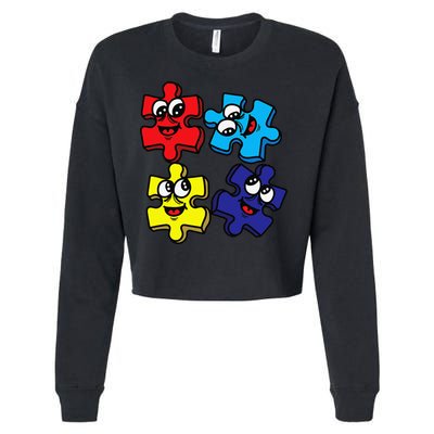Autism Awareness With Smiling Puzzles Cropped Pullover Crew