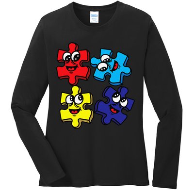 Autism Awareness With Smiling Puzzles Ladies Long Sleeve Shirt