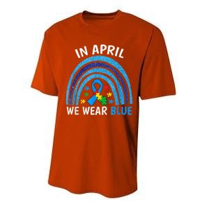 Autism Awareness Wo In April We Wear Blue Rainbow Puzzle Performance Sprint T-Shirt