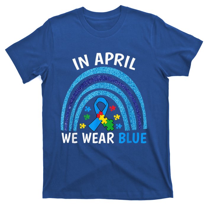 Autism Awareness Wo In April We Wear Blue Rainbow Puzzle T-Shirt