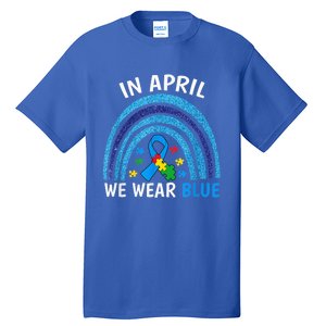 Autism Awareness Wo In April We Wear Blue Rainbow Puzzle Tall T-Shirt