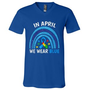 Autism Awareness Wo In April We Wear Blue Rainbow Puzzle V-Neck T-Shirt