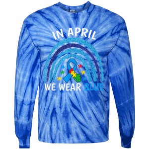 Autism Awareness Wo In April We Wear Blue Rainbow Puzzle Tie-Dye Long Sleeve Shirt