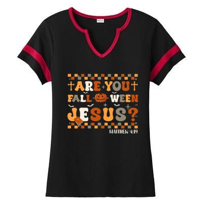 Autumn Are You Falloween Jesus Christian Halloween Pumpkin Ladies Halftime Notch Neck Tee