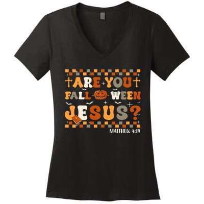 Autumn Are You Falloween Jesus Christian Halloween Pumpkin Women's V-Neck T-Shirt