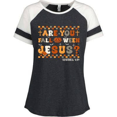 Autumn Are You Falloween Jesus Christian Halloween Pumpkin Enza Ladies Jersey Colorblock Tee