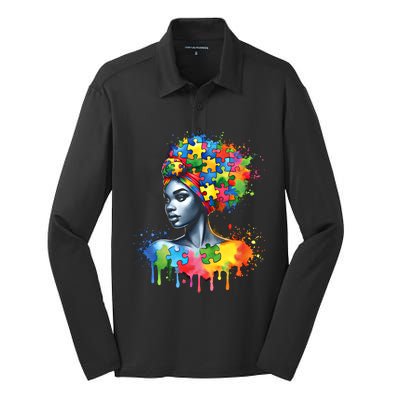 African Black Autism Mom Afro Mother Autism Awareness Mama Cute Gift Silk Touch Performance Long Sleeve Polo