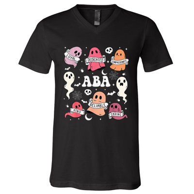 Applied Behavior Analysis ABA Halloween Spooky Cute Ghosts V-Neck T-Shirt