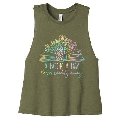 A Book A Day Keeps Reality Away Funny Reading Book Lovers Women's Racerback Cropped Tank