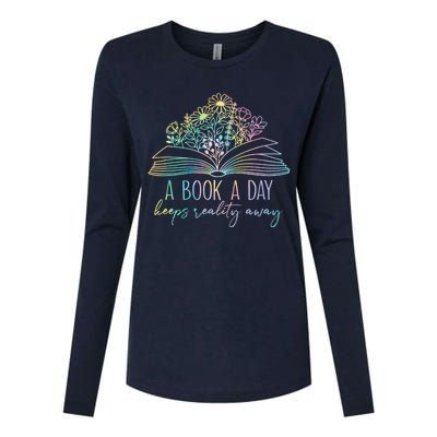 A Book A Day Keeps Reality Away Funny Reading Book Lovers Womens Cotton Relaxed Long Sleeve T-Shirt