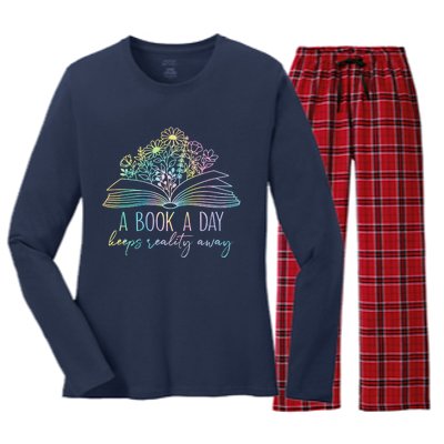 A Book A Day Keeps Reality Away Funny Reading Book Lovers Women's Long Sleeve Flannel Pajama Set 