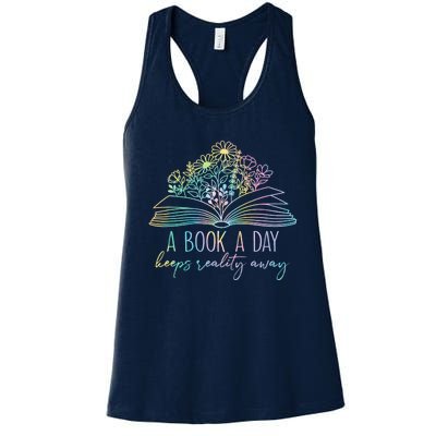 A Book A Day Keeps Reality Away Funny Reading Book Lovers Women's Racerback Tank