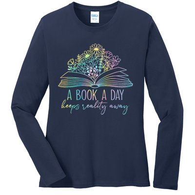 A Book A Day Keeps Reality Away Funny Reading Book Lovers Ladies Long Sleeve Shirt