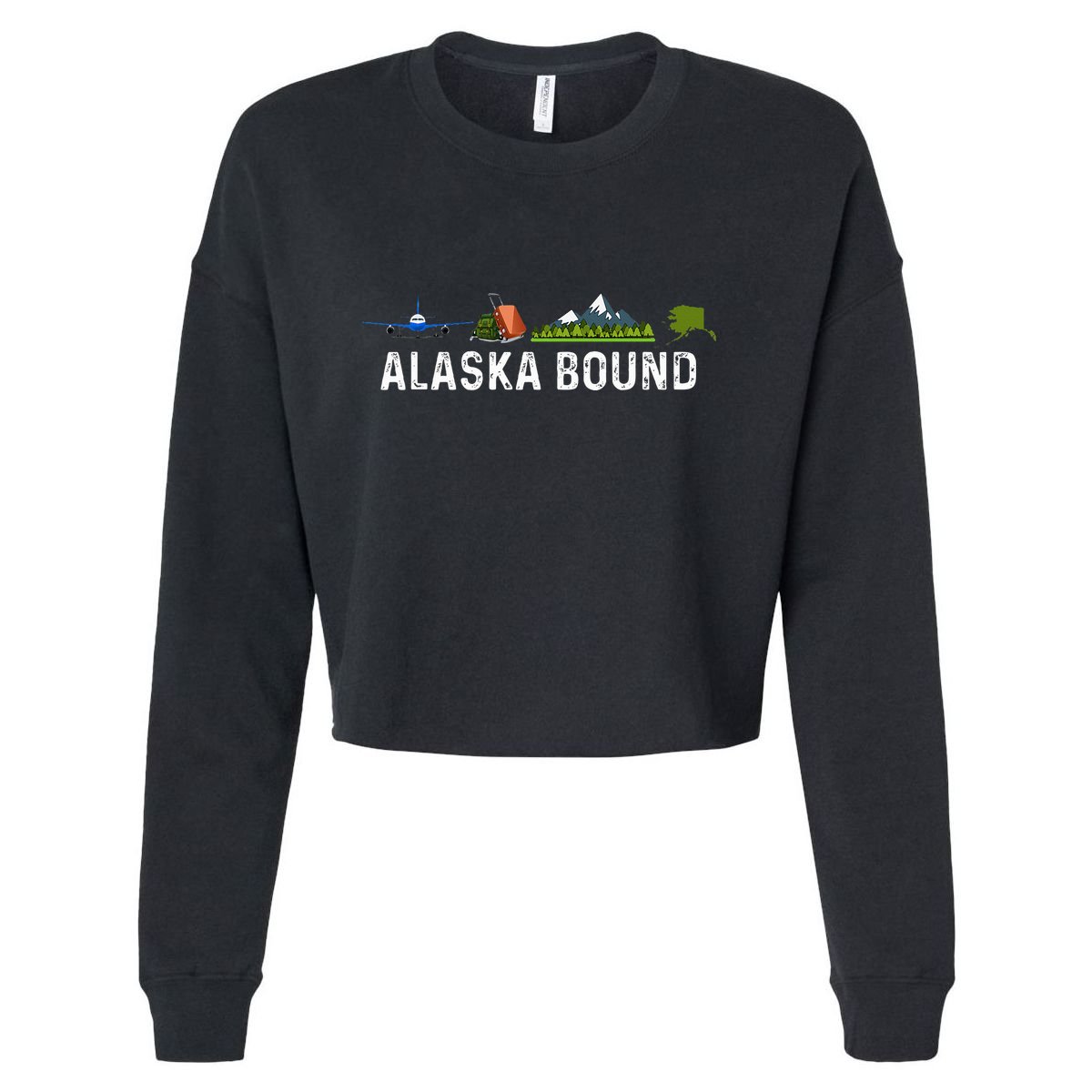 Alaska Bound Airplane Luggage And Mountains Cropped Pullover Crew