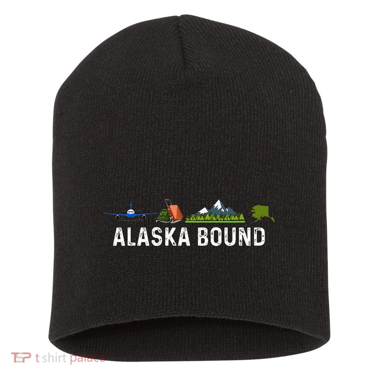 Alaska Bound Airplane Luggage And Mountains Short Acrylic Beanie