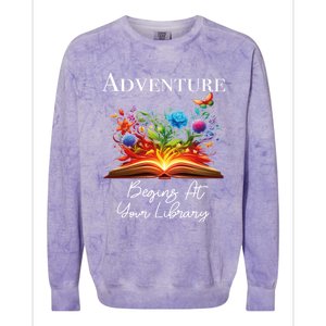 Adventure Begins At Your Library Summer Reading 2024 Flowers Cool Gift Colorblast Crewneck Sweatshirt