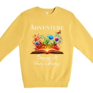 Adventure Begins At Your Library Summer Reading 2024 Flowers Cool Gift Premium Crewneck Sweatshirt