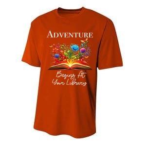 Adventure Begins At Your Library Summer Reading 2024 Flowers Cool Gift Performance Sprint T-Shirt