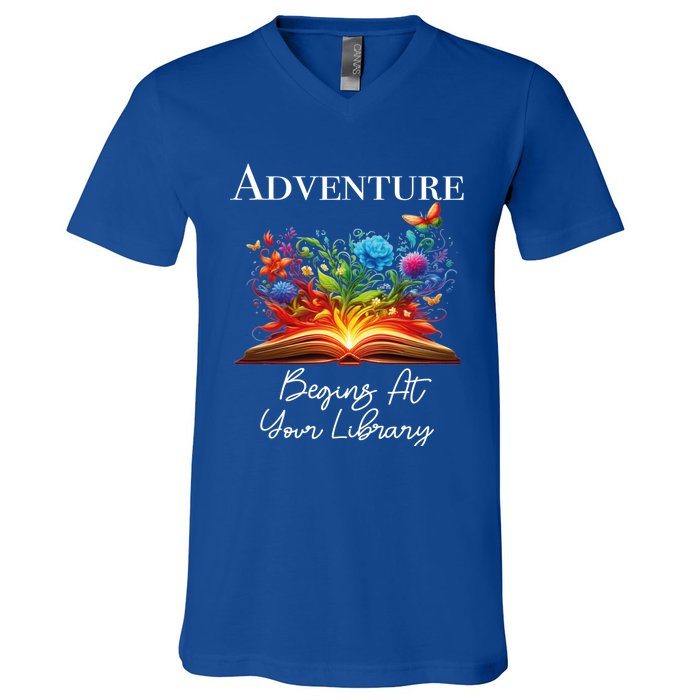 Adventure Begins At Your Library Summer Reading 2024 Flowers Cool Gift V-Neck T-Shirt