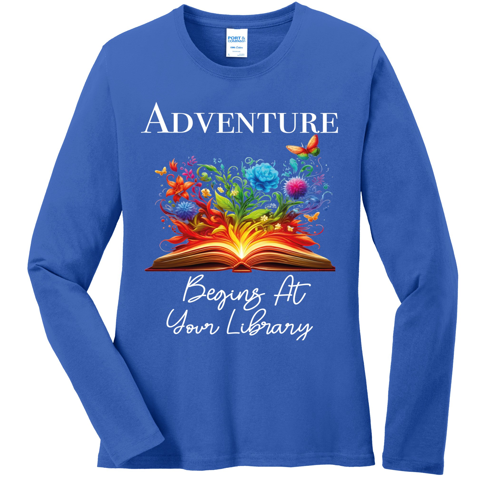 Adventure Begins At Your Library Summer Reading 2024 Flowers Cool Gift Ladies Long Sleeve Shirt