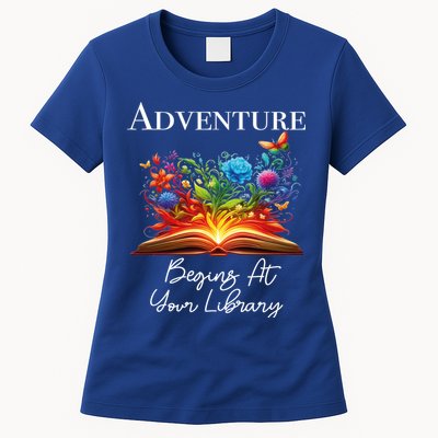 Adventure Begins At Your Library Summer Reading 2024 Flowers Cool Gift Womens T-Shirt