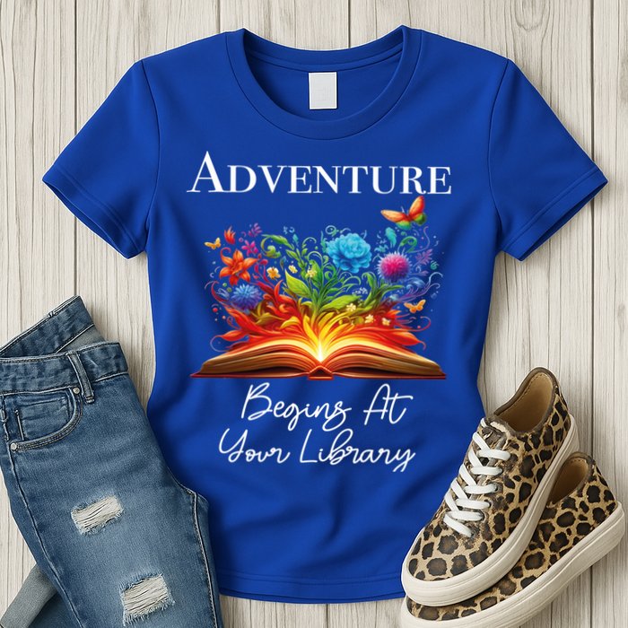 Adventure Begins At Your Library Summer Reading 2024 Flowers Cool Gift Womens T-Shirt