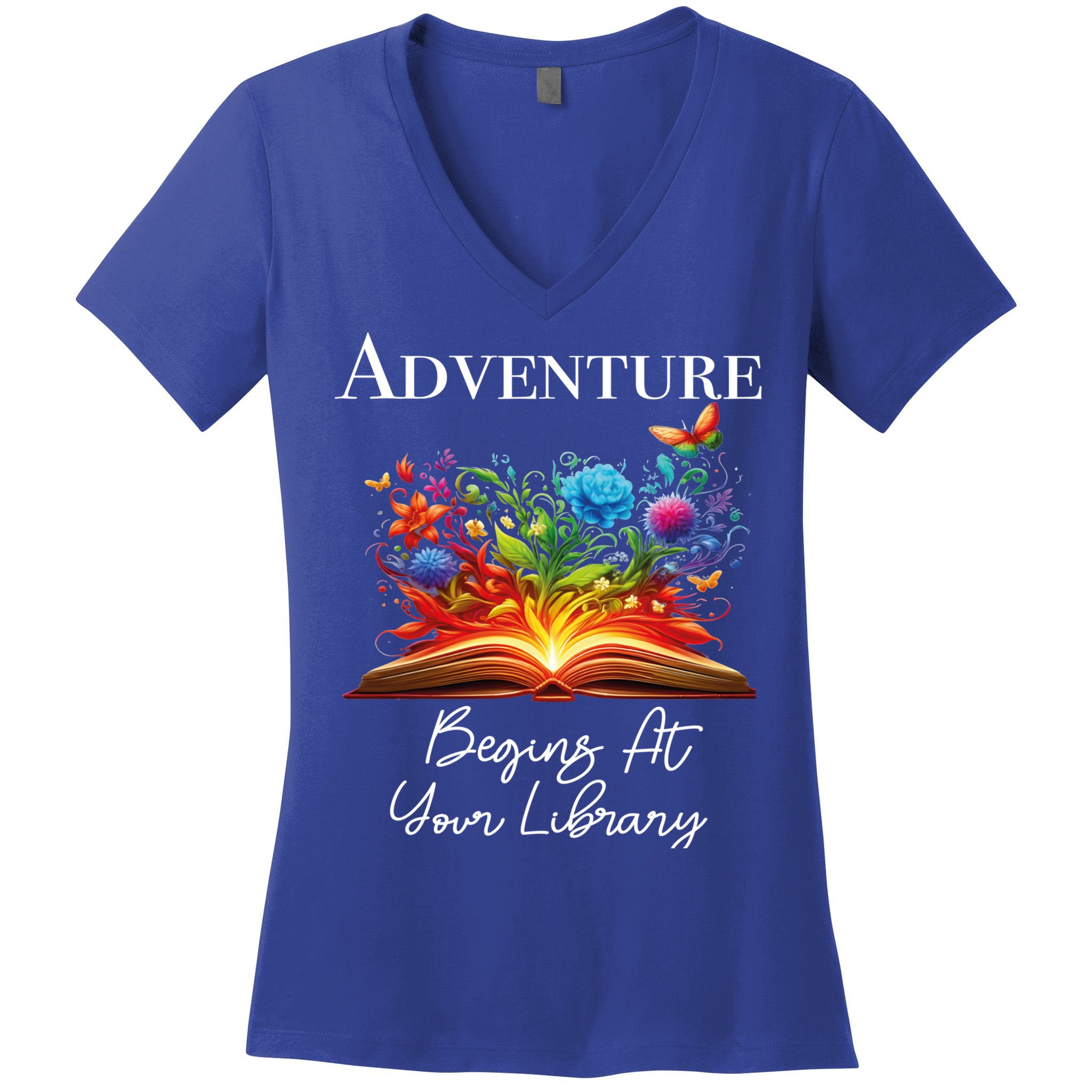 Adventure Begins At Your Library Summer Reading 2024 Flowers Cool Gift Women's V-Neck T-Shirt