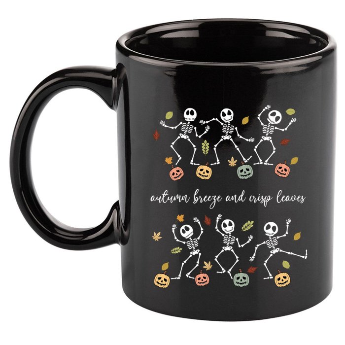 Autumn Breeze And Crisp Leaves Halloween Skeleton Dancing Gift 11oz C Handle Ceramic Mug