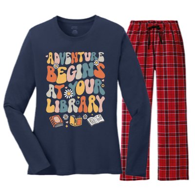 Adventure Begins At Your Library Summer Reading 2024 Flowers Women's Long Sleeve Flannel Pajama Set 