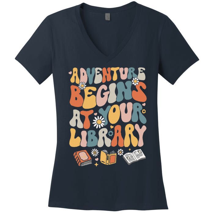 Adventure Begins At Your Library Summer Reading 2024 Flowers Women's V-Neck T-Shirt