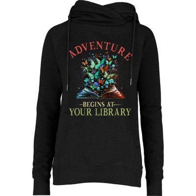 Adventure Begins At Your Library Summer Reading 2024 Flowers Womens Funnel Neck Pullover Hood