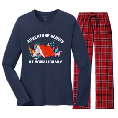 Adventure Begins At Your Library Summer Reading 2024 Women's Long Sleeve Flannel Pajama Set 