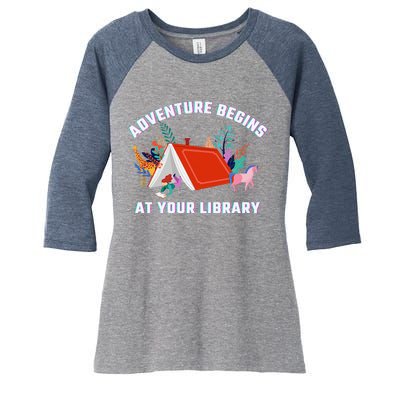 Adventure Begins At Your Library Summer Reading 2024 Women's Tri-Blend 3/4-Sleeve Raglan Shirt