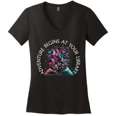 Adventure Begins At Your Library Summer Reading 2024 Gift Women's V-Neck T-Shirt