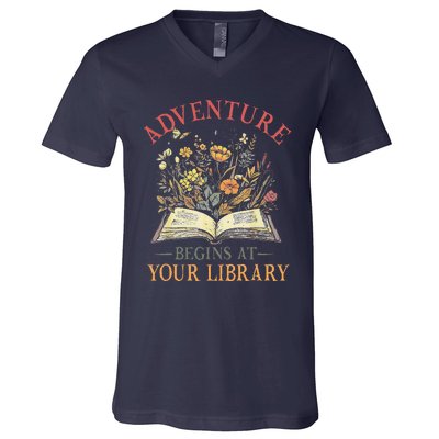 Adventure Begins At Your Library Summer Reading 2024 Flowers V-Neck T-Shirt