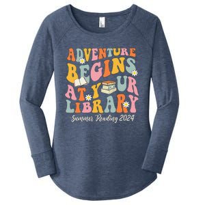 Adventure Begins At Your Library Summer Reading 2024 Groovy Women's Perfect Tri Tunic Long Sleeve Shirt