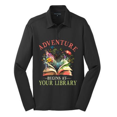 Adventure Begins At Your Library Summer Reading 2024 Flowers Silk Touch Performance Long Sleeve Polo