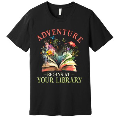 Adventure Begins At Your Library Summer Reading 2024 Flowers Premium T-Shirt